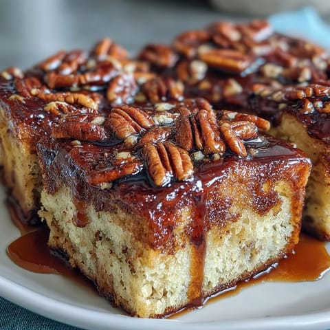 Fluffy baked pancake casserole drizzled with warm maple syrup, golden and inviting on a breakfast table.