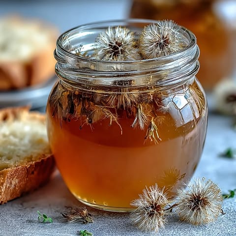 Dandelion jelly with golden petals, spread on warm toast for a floral springtime treat.