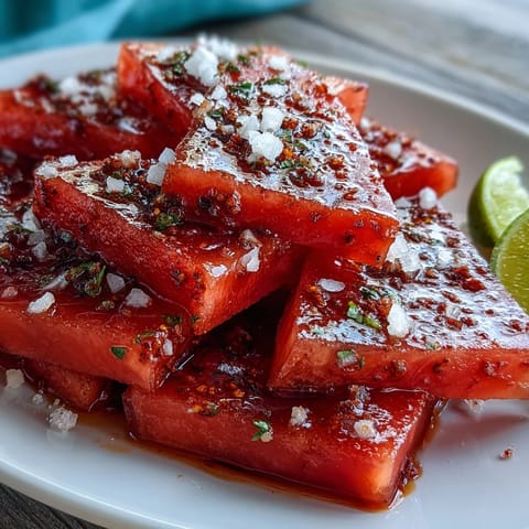 A vibrant plate of juicy watermelon slices dusted with Tajin and fresh lime, perfect for a spicy-sweet summer snack.