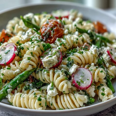 Fresh spring pasta salad with lemon vinaigrette and crisp radishes, perfect for a light and vibrant lunch or picnic side dish.