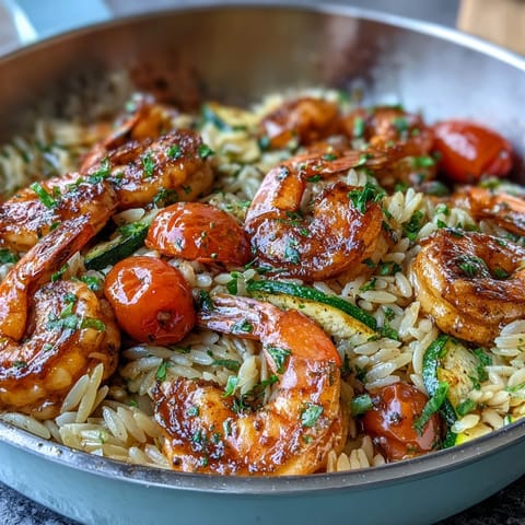 Bright lemon butter shrimp and orzo skillet with juicy tomatoes and zucchini, ready in 35 minutes.  