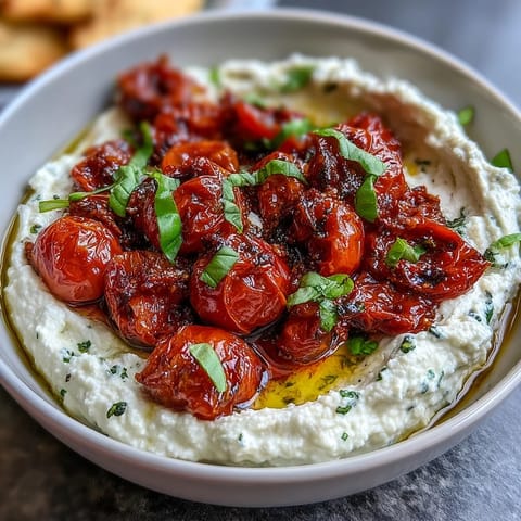 Creamy whipped feta dip topped with sweet roasted cherry tomatoes and fresh basil. Perfect appetizer for sharing with pita bread.