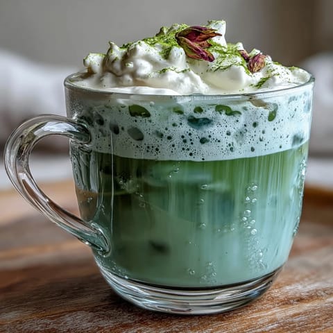 A creamy iced matcha latte topped with fluffy vanilla cold foam, served in a tall glass with ice cubes for a refreshing Mother's Day treat.