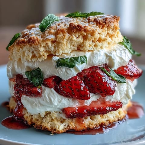 Fluffy shortcake biscuits topped with juicy strawberries and fresh basil, layered with whipped cream for a sweet, refreshing dessert.
