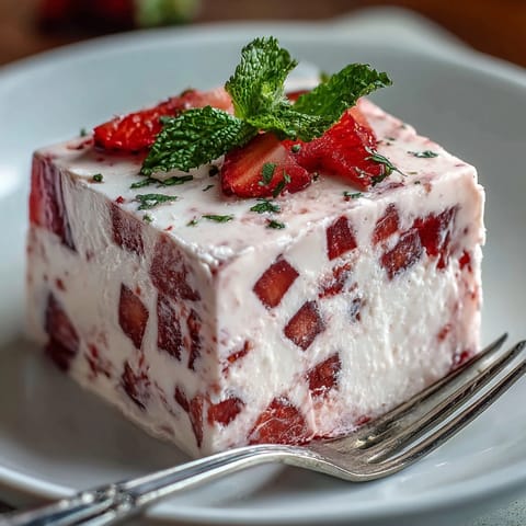 Strawberry rose gelatin mosaic cake with vibrant pink and red cubes in a creamy vanilla base, perfect for festive gatherings.  