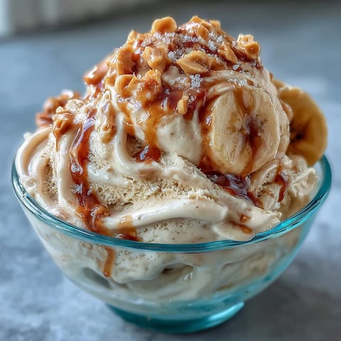 Creamy peanut butter banana ice cream with swirls of rich peanut butter and sweet ripe bananas.  
