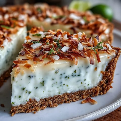 Coconut lime tart with graham cracker crust, golden and creamy, topped with whipped cream and toasted coconut flakes.