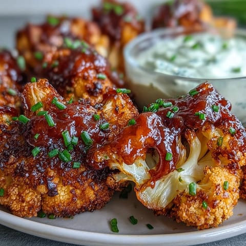 Vegan BBQ Cauliflower Wings, oven-baked crispy with smoky sauce and ranch dip.