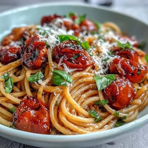 Warm Cherry Tomato Confit Pasta loaded with soft, sweet tomatoes and herbs.