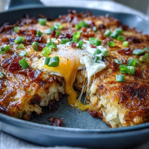 Hearty Father's Day breakfast hash brown skillet, featuring golden potatoes and savory toppings.