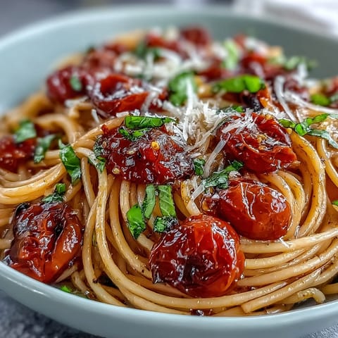 Cherry Tomato Confit Pasta glistening with garlic oil, ready to serve.