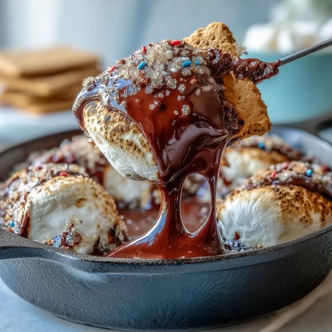 Gooey 4th of July S'mores Dip cascades with melted marshmallows in cast iron.