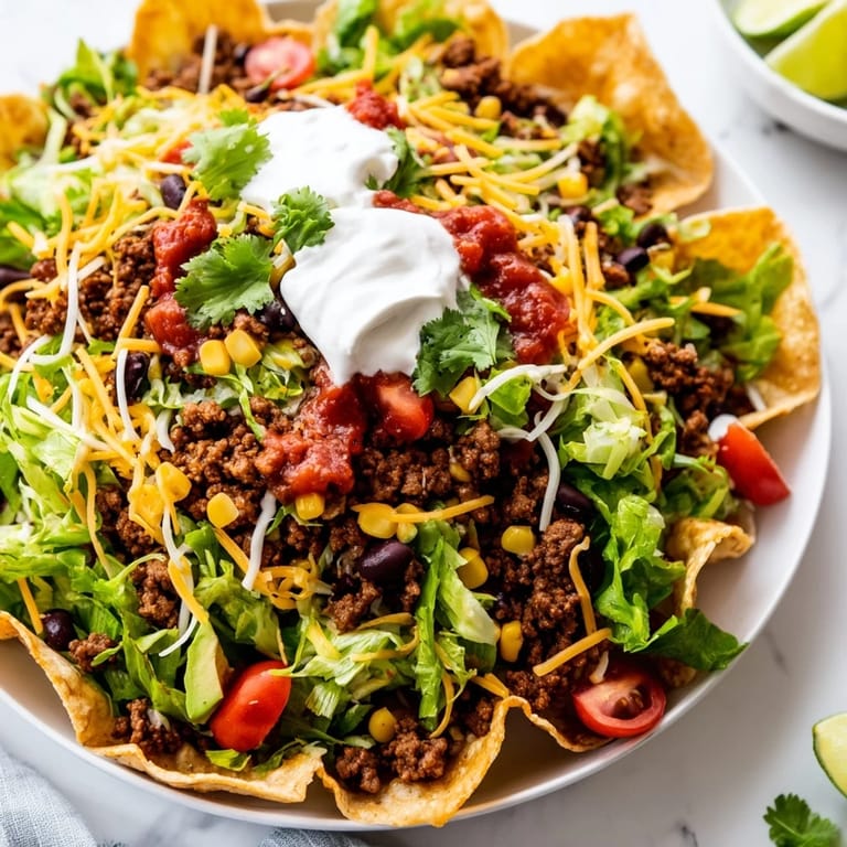 Fresh Taco Salad overflowing a baked flour tortilla bowl with ground beef, black beans, and cheddar.