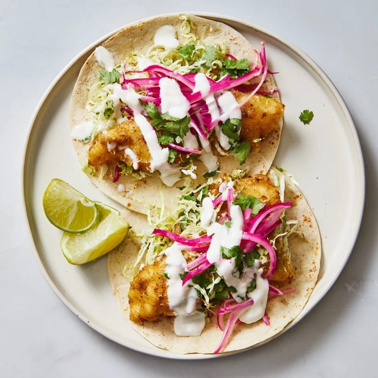 Flaky grilled fish tacos topped with tangy slaw and creamy sauce, garnished with fresh cilantro on a white plate.