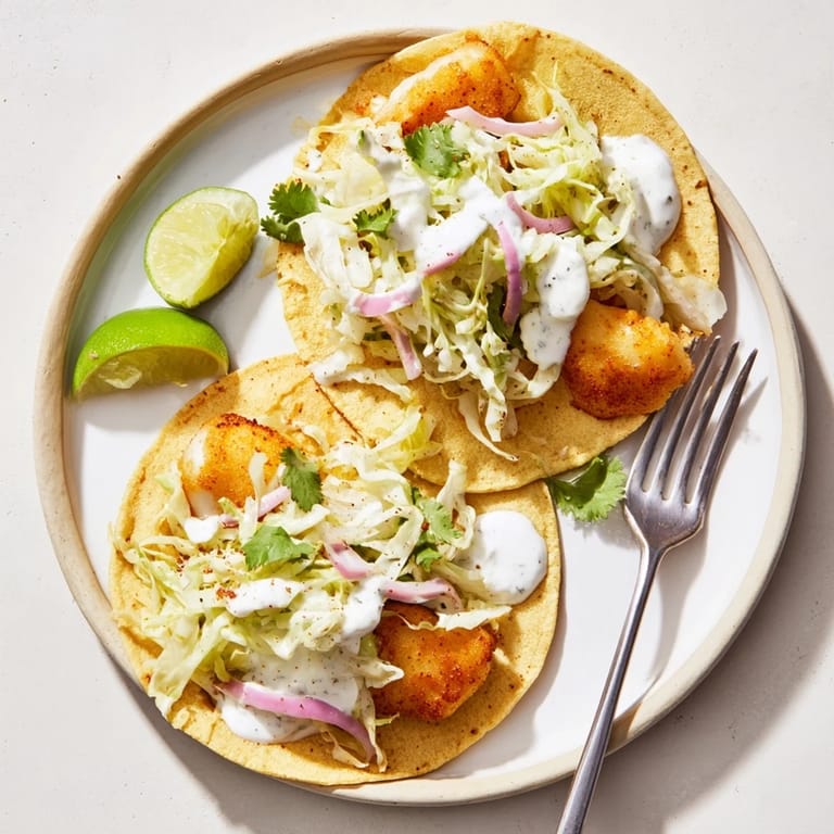 Freshly assembled fish tacos filled with crunchy slaw and flaky fish, drizzled with creamy sauce and lime juice.
