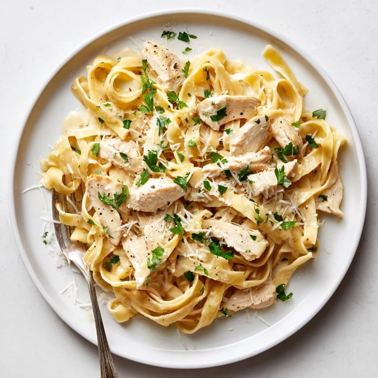 Steaming pan of fettuccine Alfredo next to golden sautéed chicken breasts, ready to serve for dinner.