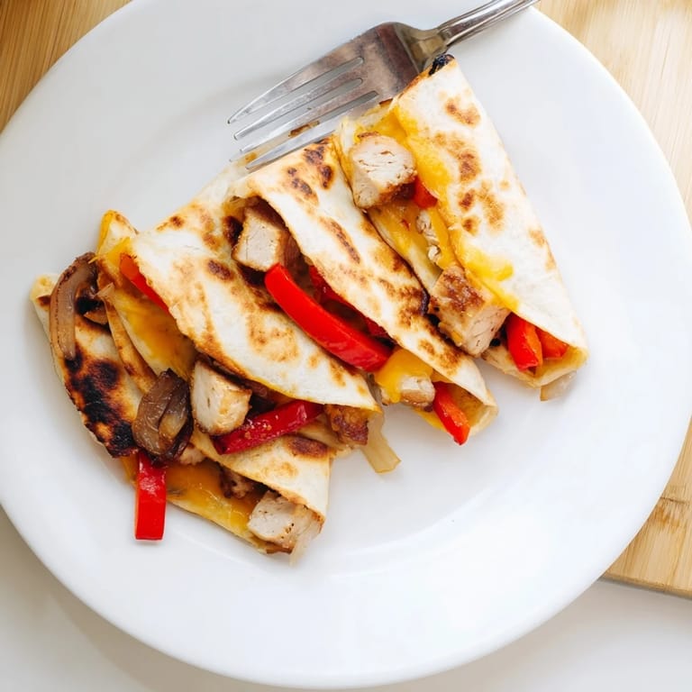 A skillet of bubbling Chicken Quesadilla with golden flour tortillas, packed with seasoned chicken and colorful peppers, perfect for a weeknight dinner.