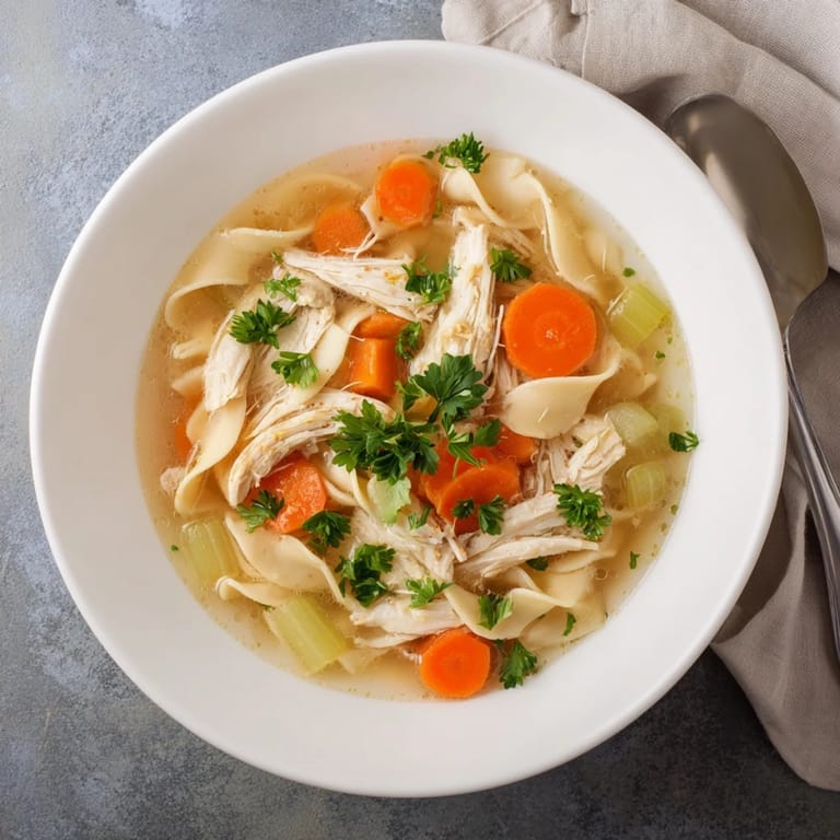 A ladle of golden Chicken Noodle Soup held over a pot, revealing hearty vegetables and noodles in a clear broth.