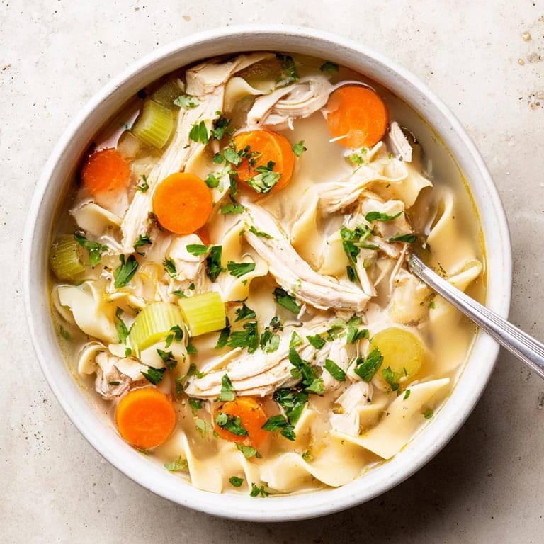 Close-up of Chicken Noodle Soup showing tender shredded chicken, sliced carrots, celery, and wide egg noodles in a savory broth.