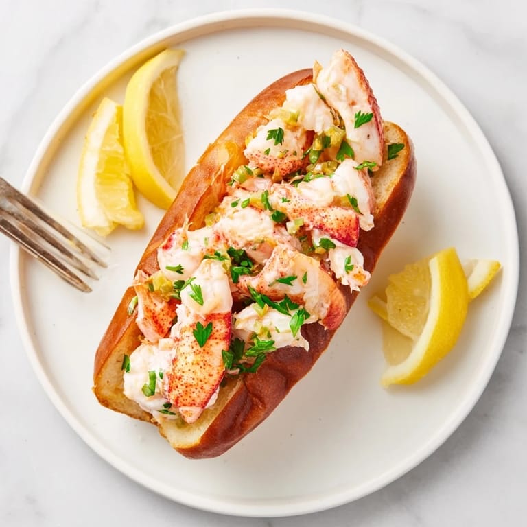 Freshly made New England Lobster Roll served on a toasted bun with lemon wedges on the side.