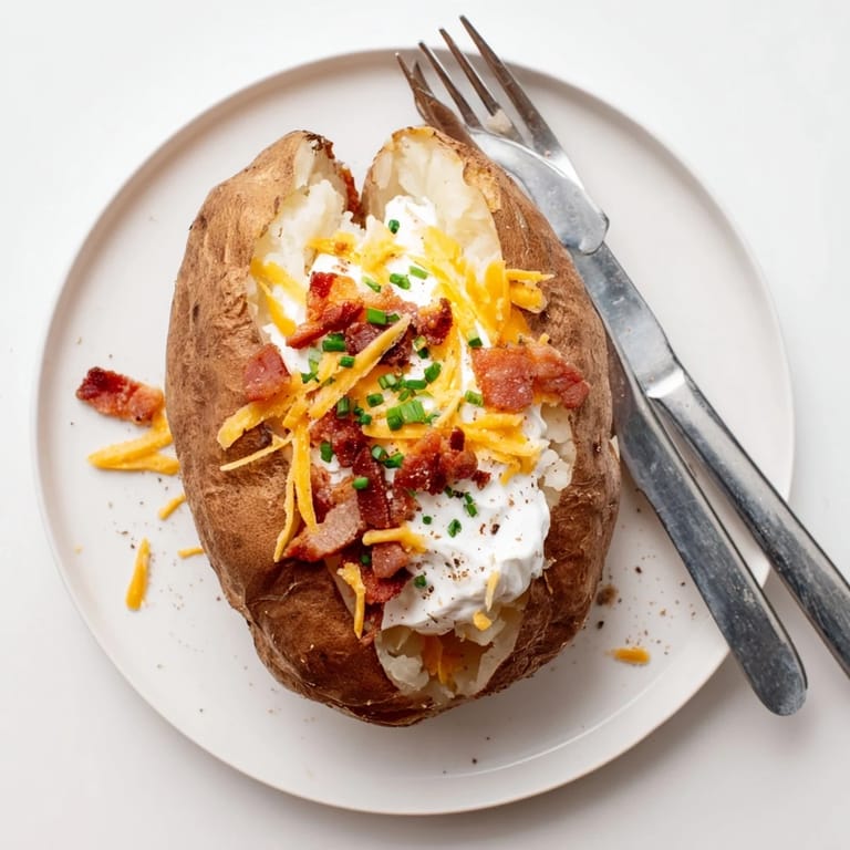 Serve these loaded baked potatoes with a crisp green salad or grilled steak, offering a satisfying gluten-free American side dish perfect for weeknight dinners.