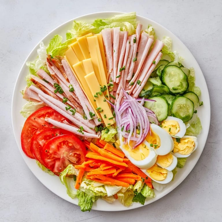 Vibrant Chef Salad topped with tomatoes, cucumber, and carrots, drizzled with tangy red wine vinaigrette.