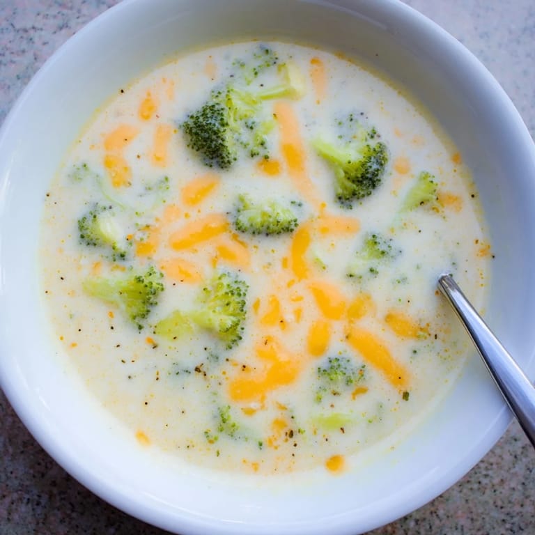 A warm bowl of Broccoli Cheese Soup, topped with extra cheddar, ready to be dunked with a side of crusty bread.