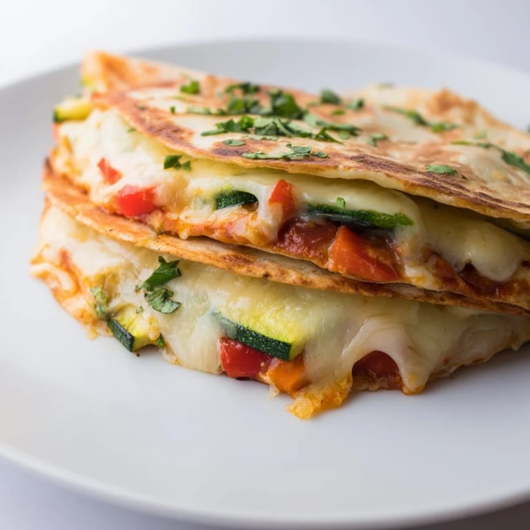 Crispy, folded quesadillas stuffed with Monterey Jack, zucchini, and red bell pepper, perfect for a quick family dinner.