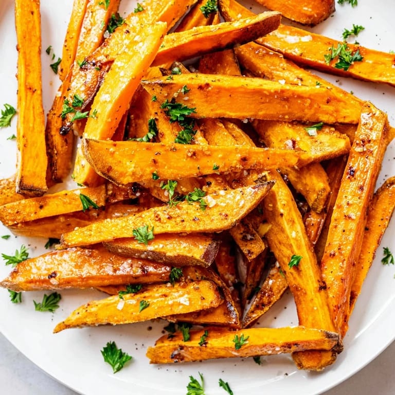Freshly baked Sweet Potato Fries dusted with sea salt and parsley, offering a vibrant orange color and inviting aroma.