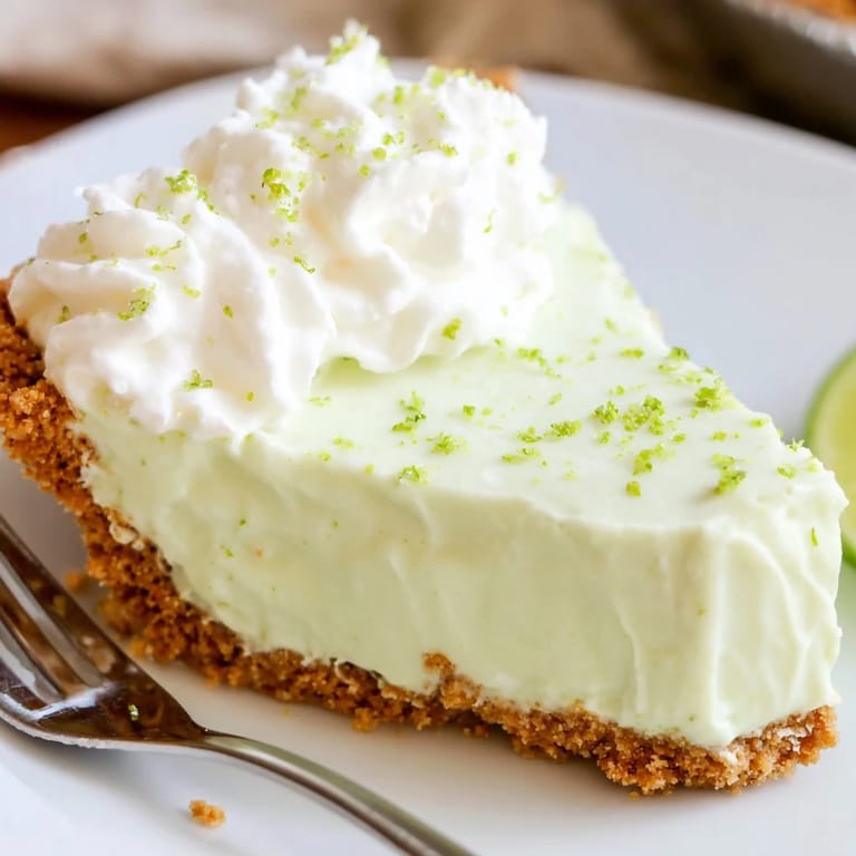 A chilled slice of Key Lime Pie featuring a creamy, tangy filling and a fluffy whipped cream topping, garnished with fresh lime zest.