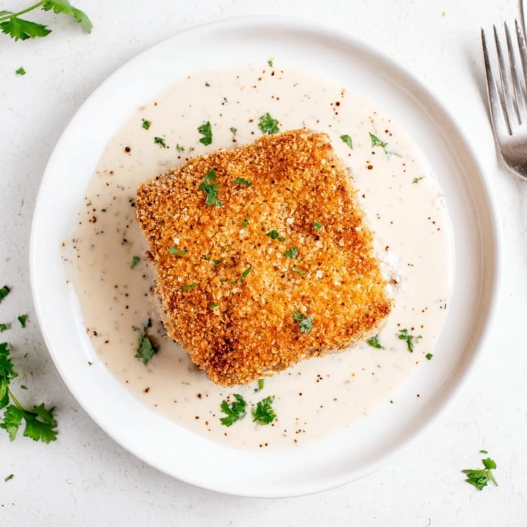 A comforting plate of Chicken Fried Steak, featuring a tenderized patty and peppery white gravy.