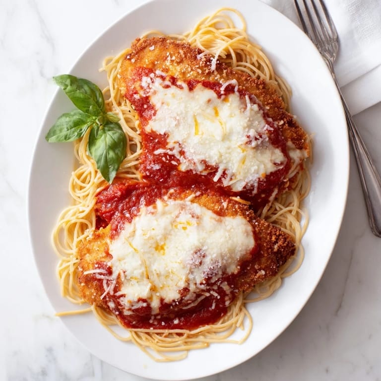 Homemade Chicken Parmesan featuring crispy fried cutlets, bubbling marinara, and melted cheese baked to golden perfection.