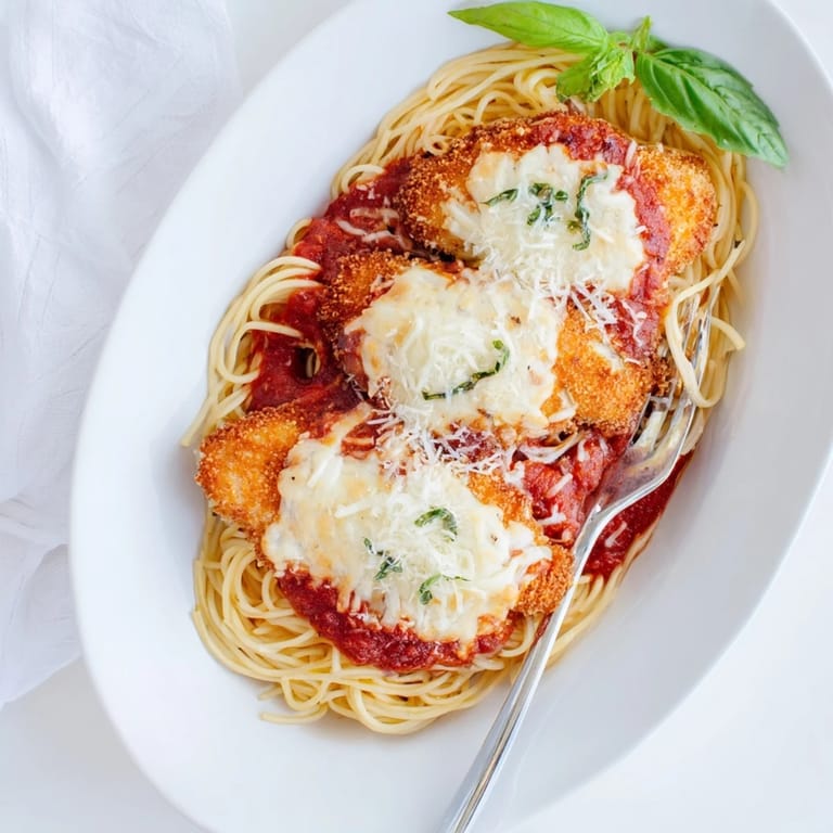 Slice of juicy Chicken Parmesan on a plate with pasta, fresh basil garnish, and extra Parmesan cheese.