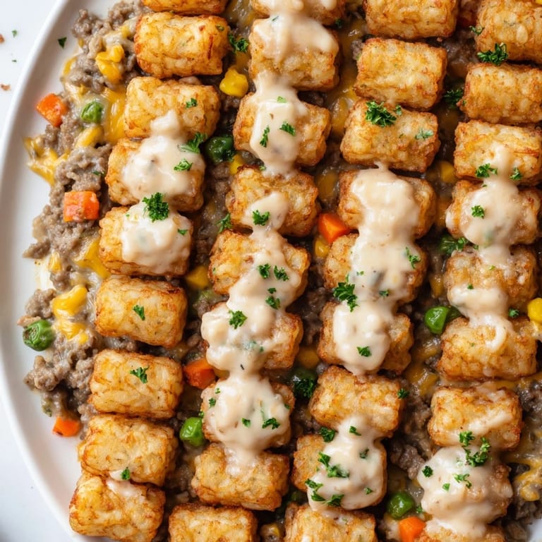 Sizzling ground beef, onions, and mixed vegetables layered under crunchy Tater Tot Casserole for a family dinner.