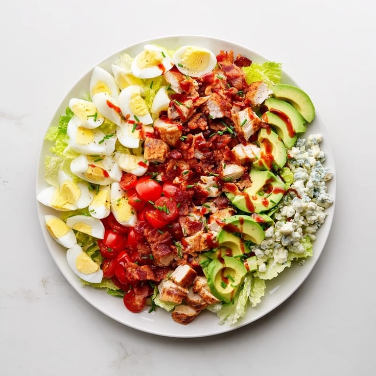 Healthy Low-Carb Cobb Salad serving suggestion with tender chicken breast chunks, ripe avocado, hard-boiled eggs, and smoky bacon, garnished with fresh chives and ready to toss with tangy vinaigrette.