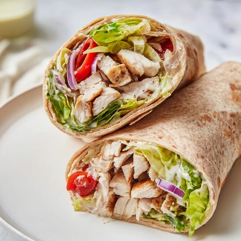 Freshly prepared Chicken Caesar Wraps packed with romaine, grilled chicken, and Parmesan, perfect for a portable lunch.