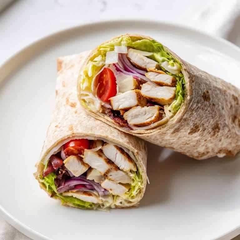 Golden-brown Chicken Caesar Wraps on a rustic board are drizzled with creamy Caesar dressing and garnished with cherry tomatoes.