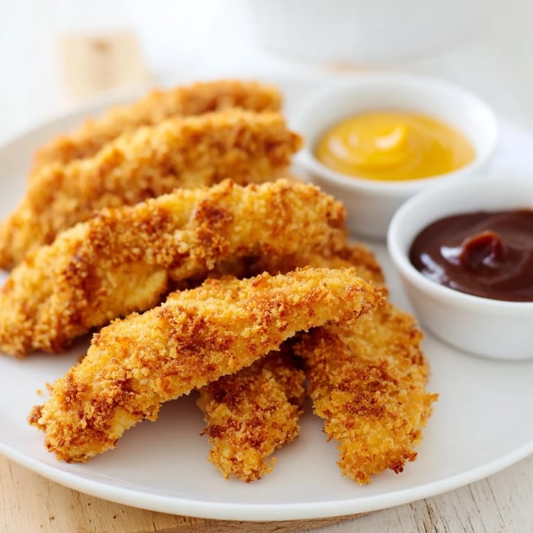 Golden-brown Chicken Tenders paired with honey-mustard sauce and fries, perfect for a family-style dinner.