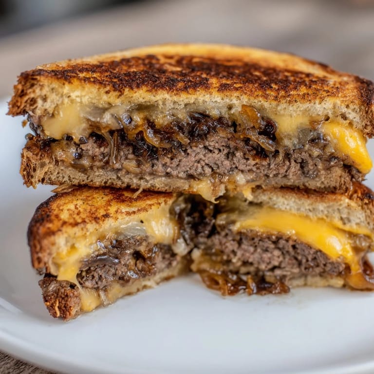Sizzling Patty Melt on a plate with crispy fries and pickles for a diner-style meal.
