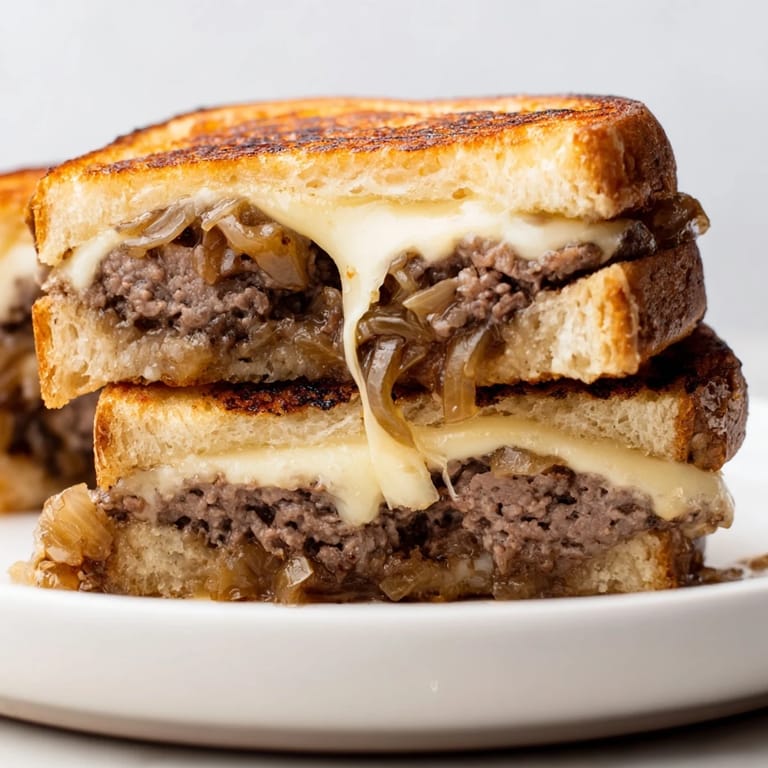 Close-up of a Patty Melt, showcasing juicy beef patty and gooey cheese between grilled bread.