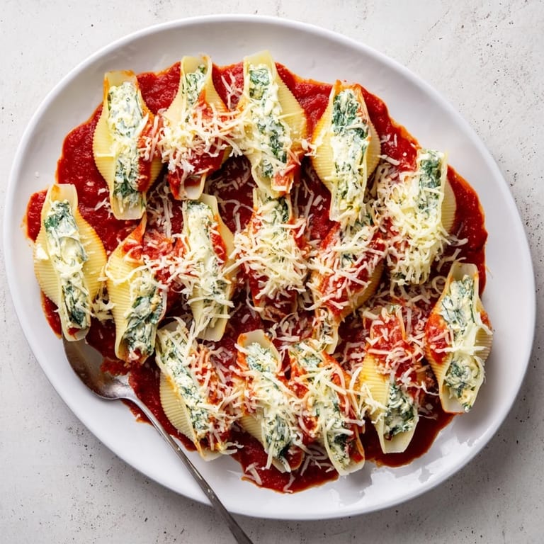 Freshly baked Stuffed Shells with creamy ricotta and spinach filling, served with Italian parsley. 