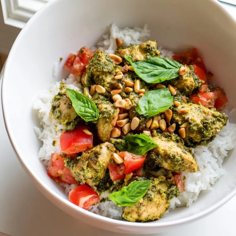 Vibrant bowl of tender basil pesto chicken served over warm rice, garnished with juicy tomatoes and toasted pine nuts.  