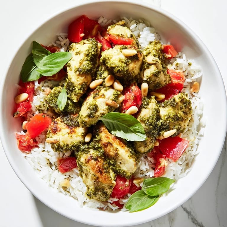 Freshly prepared Chicken Pesto Rice Bowl featuring succulent chicken, aromatic pesto, and colorful tomato chunks on a bed of rice.