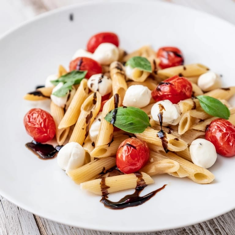 Freshly made Caprese Salad Pasta served in a rustic ceramic dish, featuring tender pasta, juicy halved tomatoes, and fresh basil leaves. A delicate swirl of balsamic glaze is being drizzled over the top, highlighting the creamy mozzarella pearls for an easy, flavorful Italian meal. The simple, colorful arrangement makes this vegetarian pasta salad look both homemade and restaurant-quality.