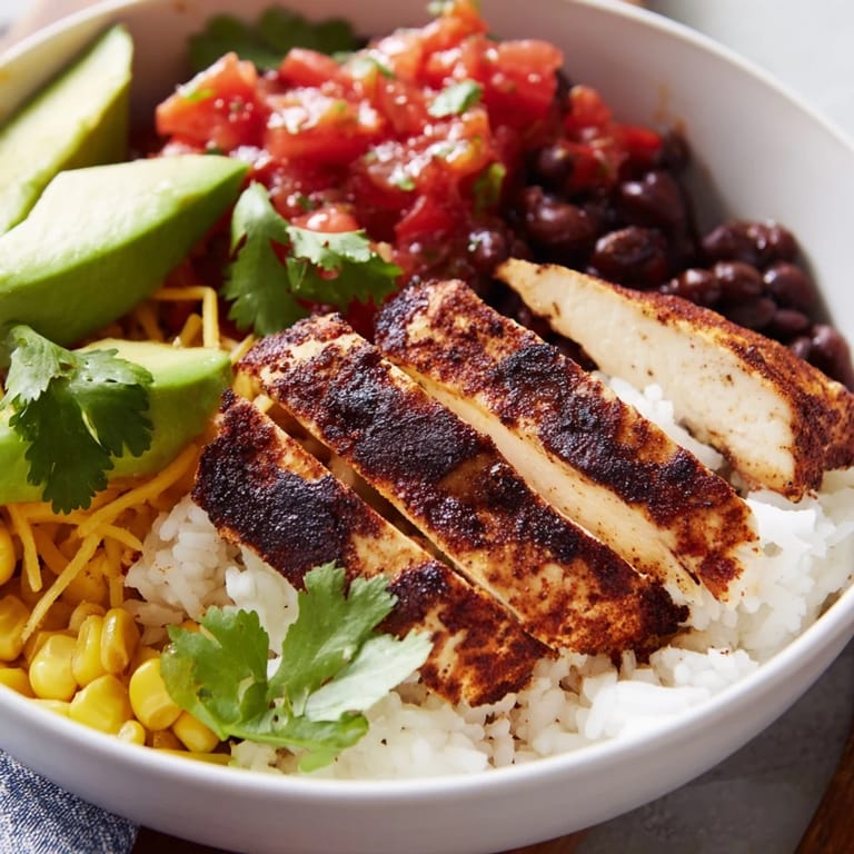 Warm Spicy Chicken Burrito Bowl featuring charred chicken, sweet corn, black beans, and lime wedges.