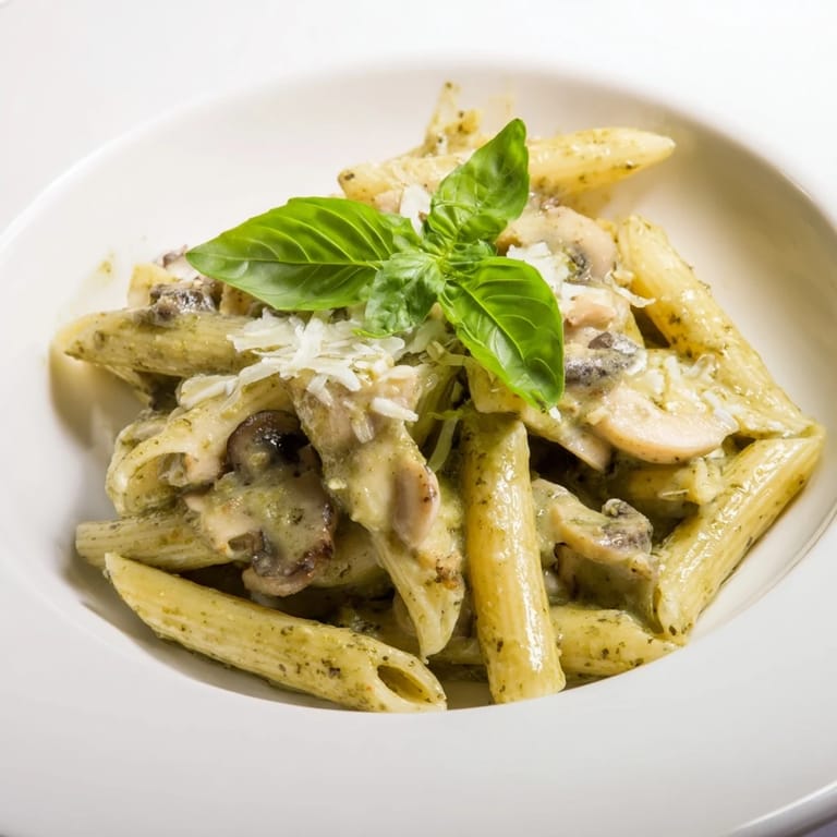 Hearty Mushroom Pesto Pasta served in a white bowl, twirled on a fork ready to savor.  