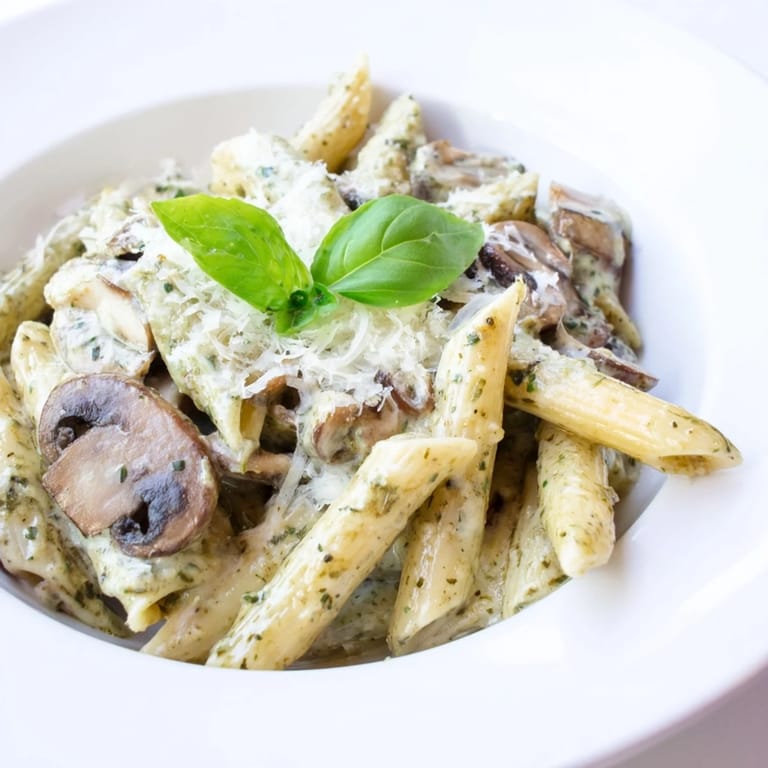 A comforting plate of Mushroom Pesto Pasta with al dente penne and rich, emerald green sauce.