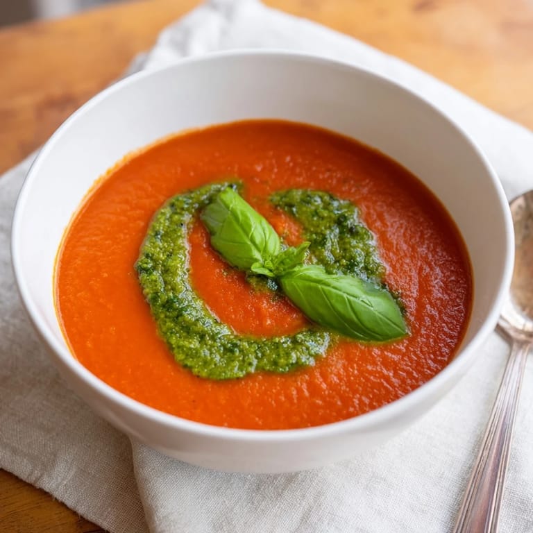 Rich Tomato Soup with Basil Pesto Swirl in a white ceramic bowl, garnished with a basil leaf.