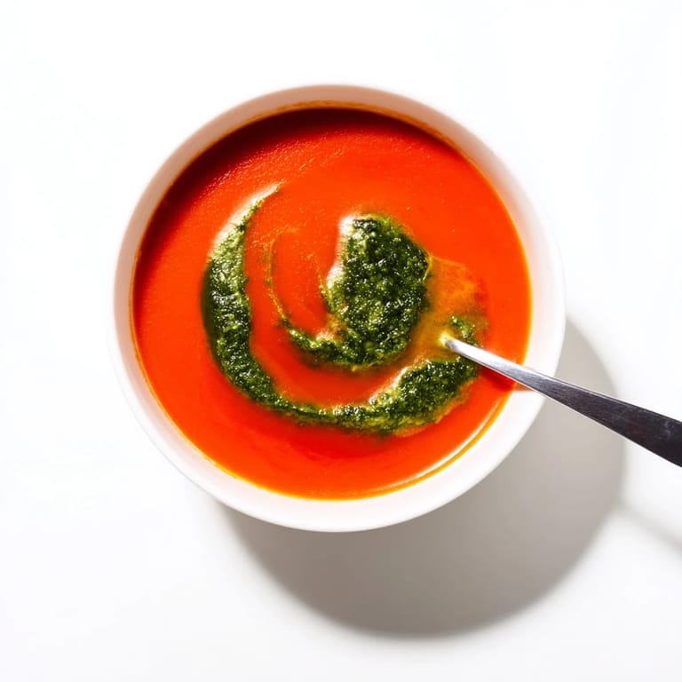 Tomato Soup with Basil Pesto Swirl steaming in a rustic bowl, with a vibrant green swirl on top.  