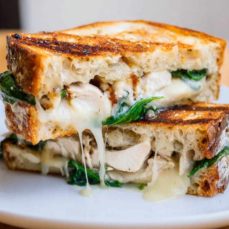 Fresh spinach and grilled chicken layered inside a toasted Grilled Chicken Spinach Panini, perfect for a quick lunch.  